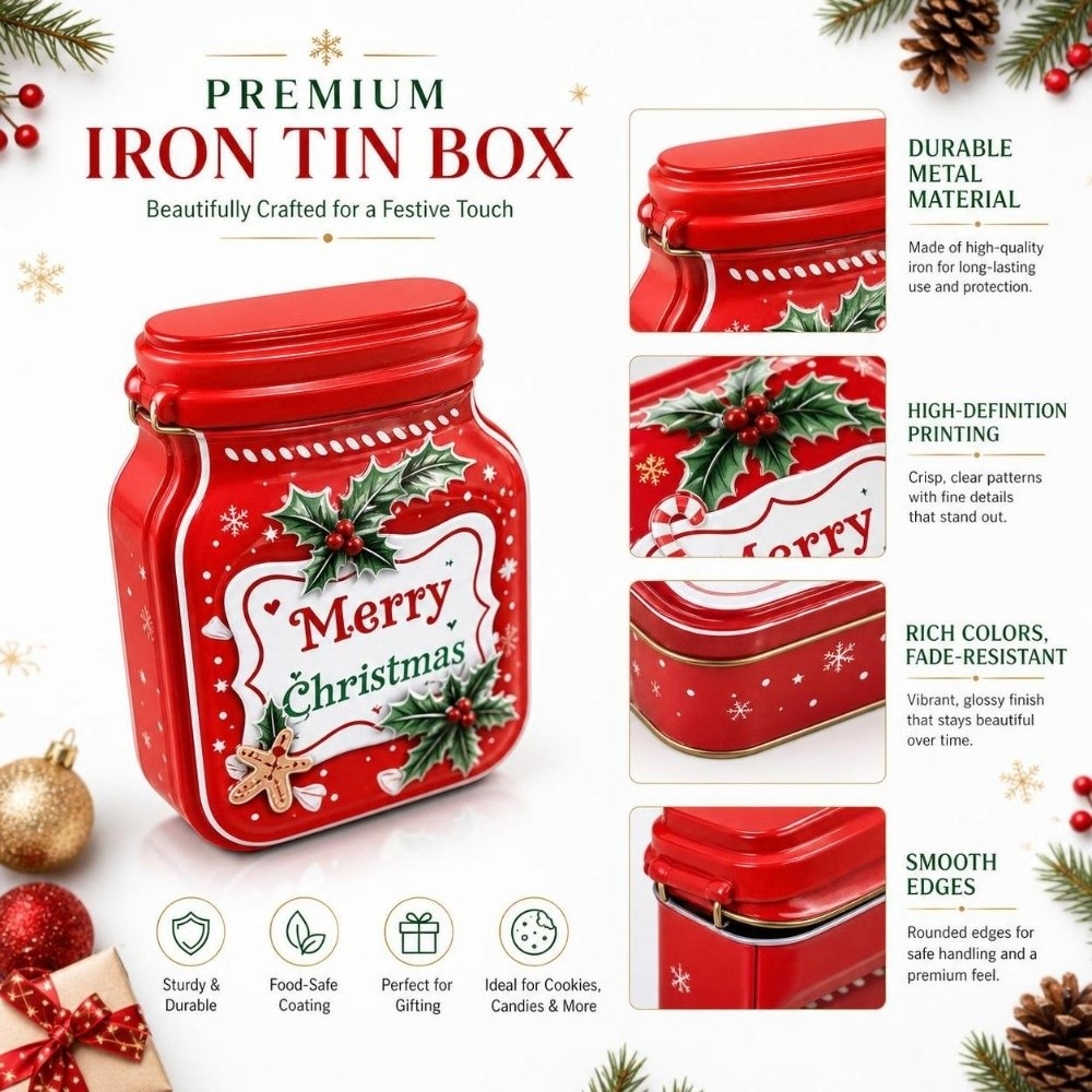 Tin Container Lid - Kotak Kaleng Natal Logam Portabel dengan